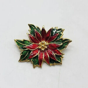 SFJ Steinmetz Gold Tone Poinsettia Red Green Enamel Pin Brooch Vintage